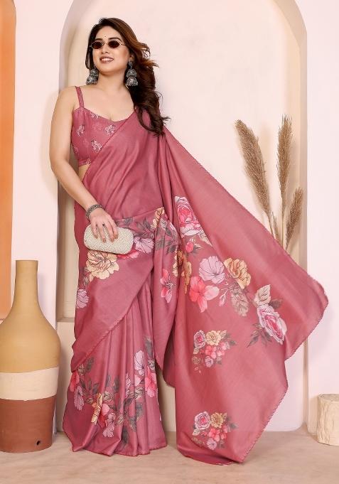 Peach Printed Silk Saree Set