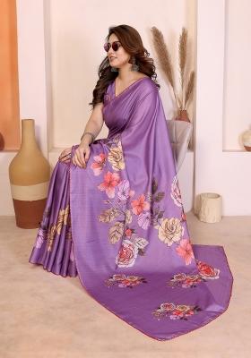 Purple Printed Silk Blend Saree Set