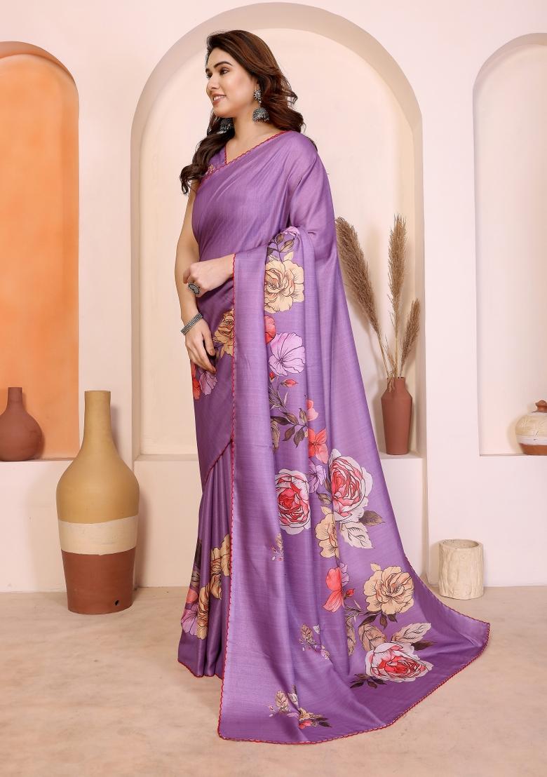 Purple Printed Silk Blend Saree Set - Indya