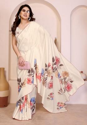 White Printed Silk Blend Saree Set