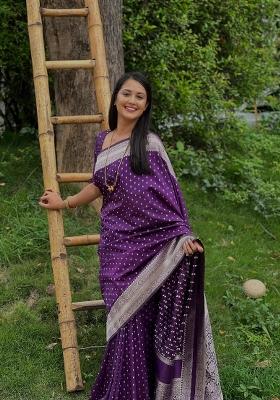 Purple Woven Silk Blend Saree Set