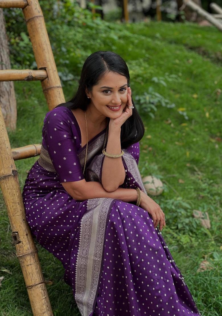 Purple Woven Silk Blend Saree Set - Indya