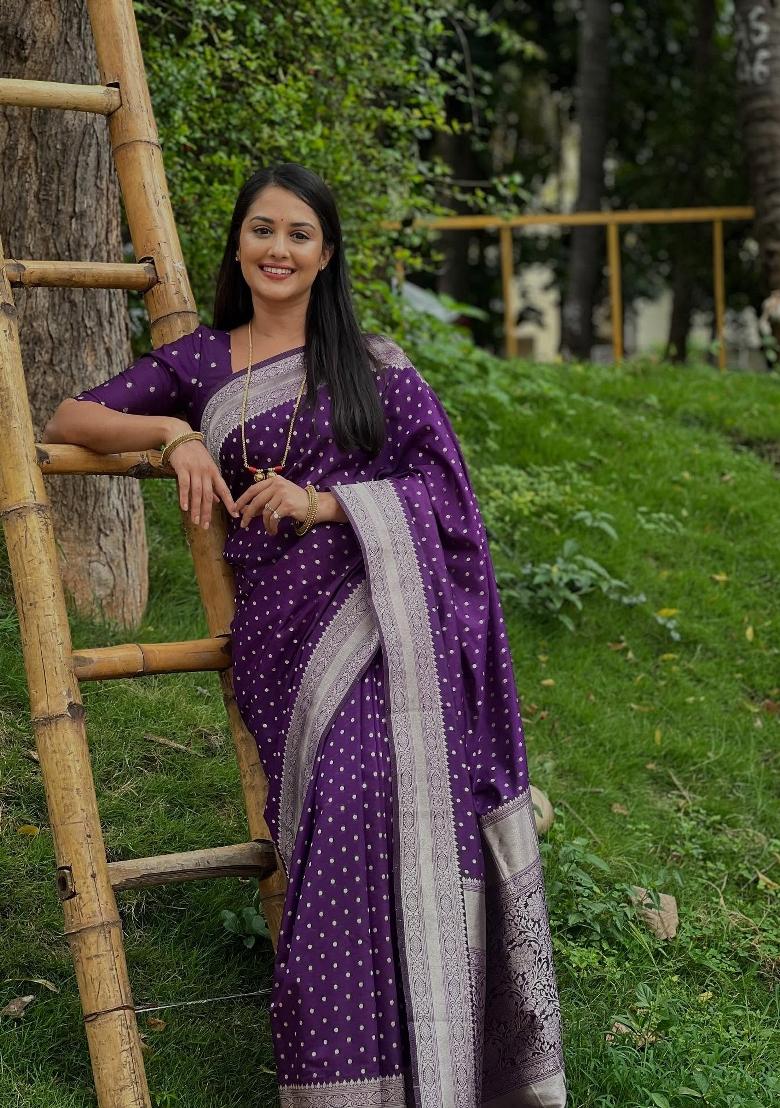 Purple Woven Silk Blend Saree Set - Indya
