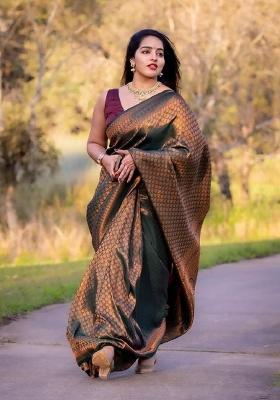 Green Woven Silk Blend Saree Set