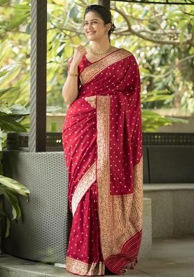 Maroon Woven Silk Blend Saree Set