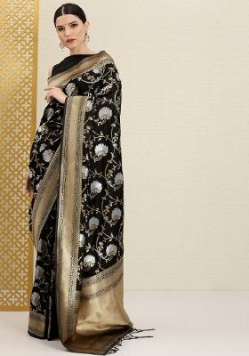 Black Woven Silk Blend Saree Set
