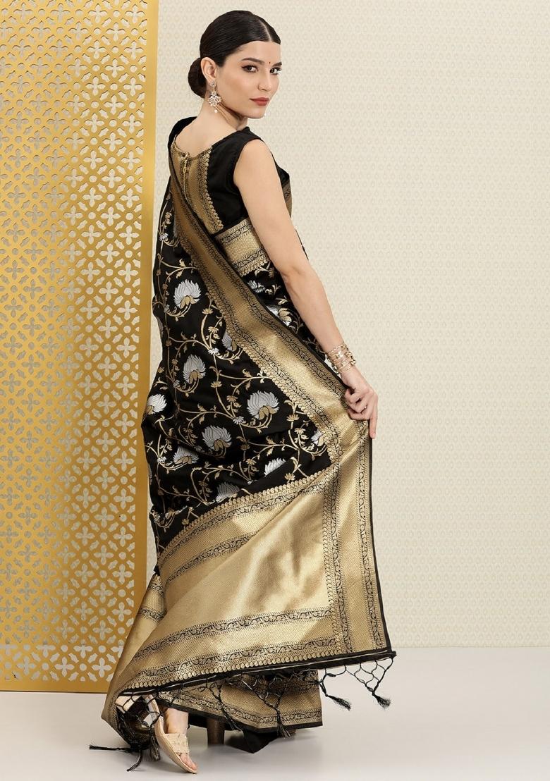Black Woven Silk Blend Saree Set - Indya