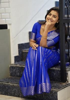 Royal Blue Woven Silk Blend Saree Set