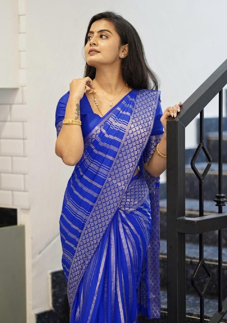 Royal Blue Woven Silk Blend Saree Set - Indya