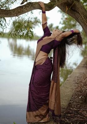 Purple Woven Silk Blend Saree Set