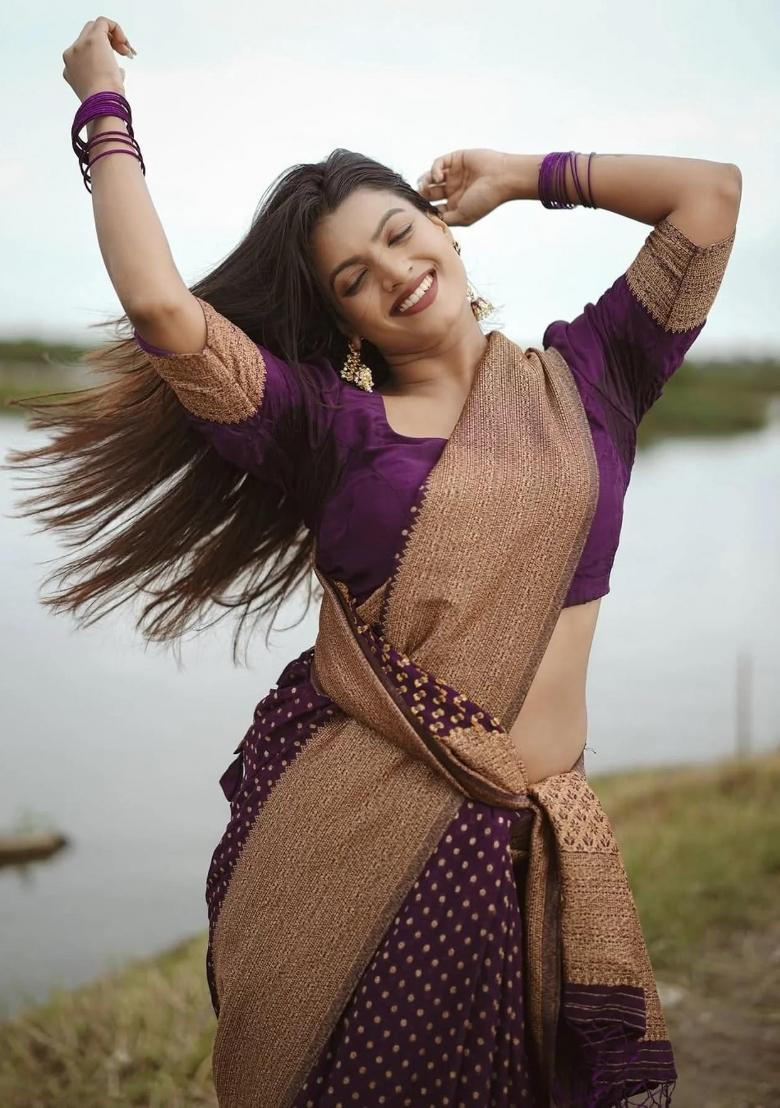 Purple Woven Silk Blend Saree Set - Indya