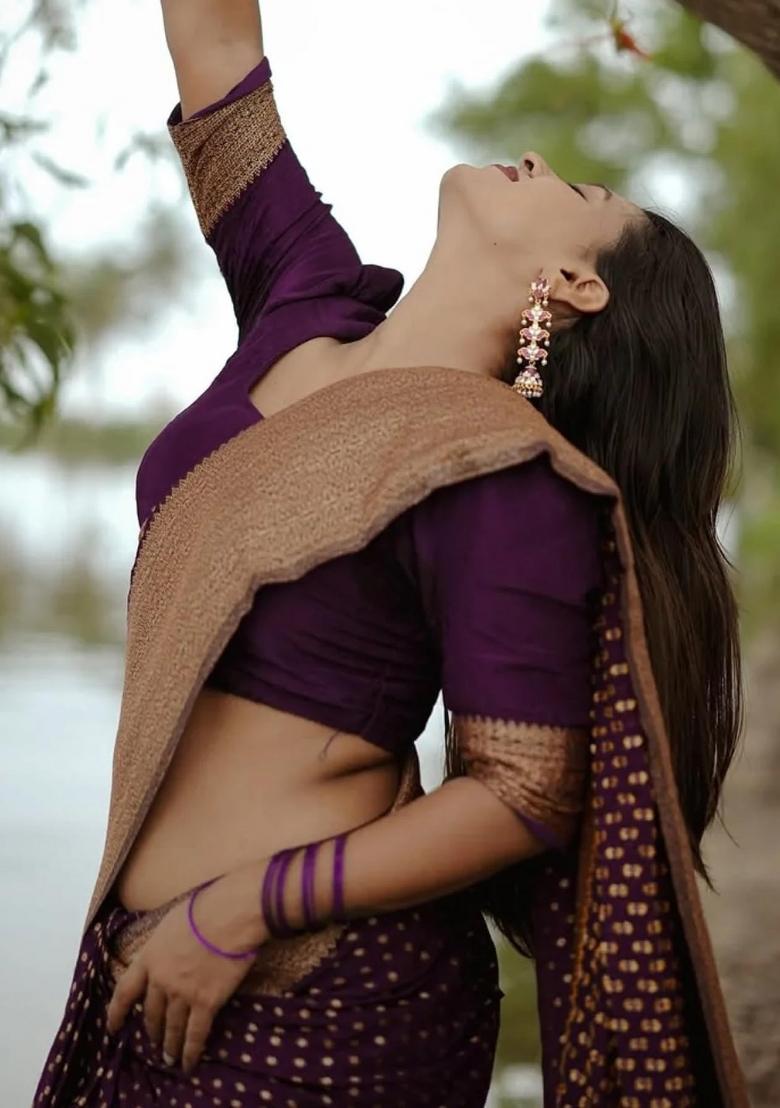 Purple Woven Silk Blend Saree Set - Indya