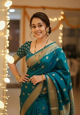 Turquoise Woven Silk Blend Saree Set