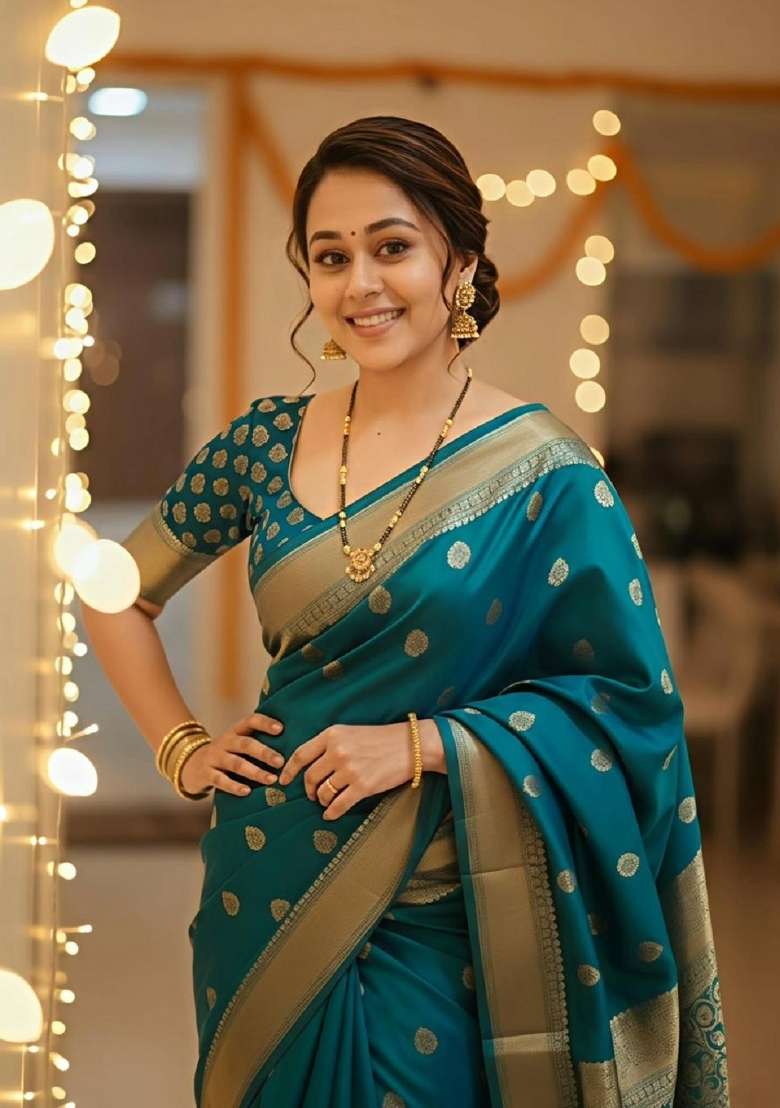 Turquoise Woven Silk Blend Saree Set for Diwali | Wedding & Festive Wear - Indya