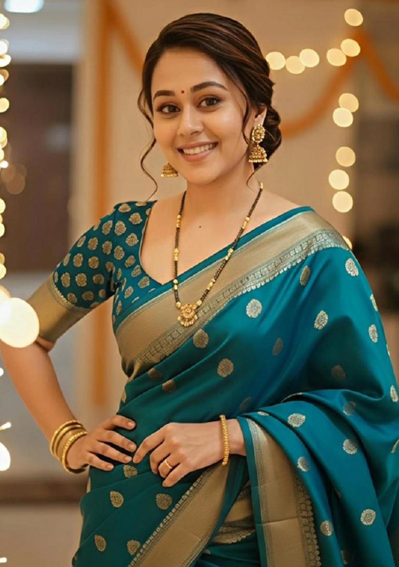 Turquoise Woven Silk Blend Saree Set - Indya