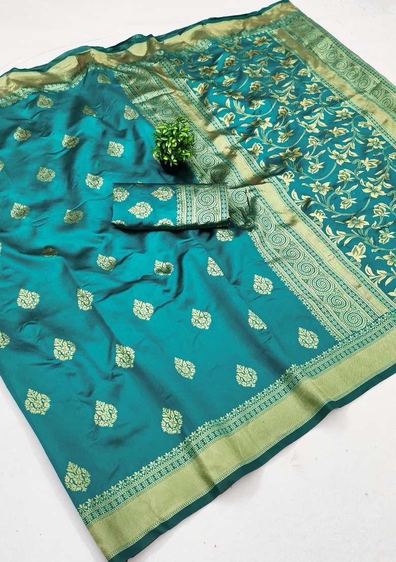Turquoise Woven Silk Blend Saree Set for Diwali | Wedding & Festive Wear - Indya