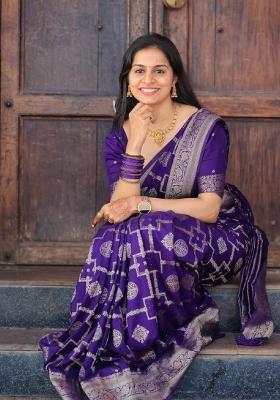 Purple Woven Silk Blend Saree Set