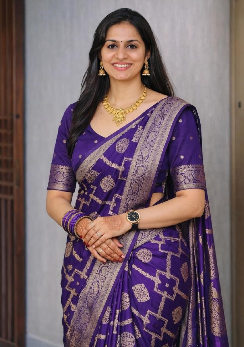 Purple Woven Silk Blend Saree Set - Indya