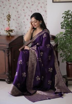 Purple Woven Silk Blend Saree Set