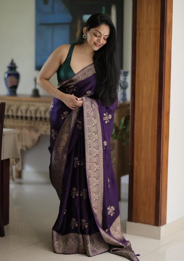 Purple Woven Silk Blend Saree Set - Indya