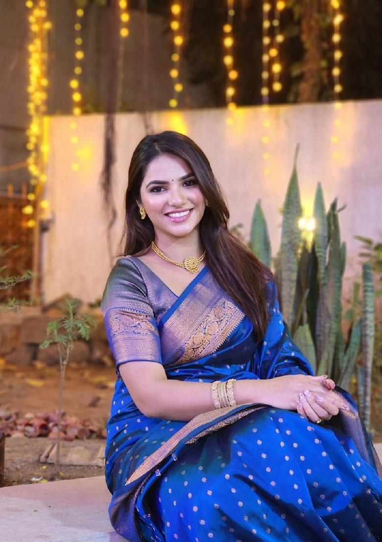 Royal Blue Woven Silk Blend Saree Set - Indya