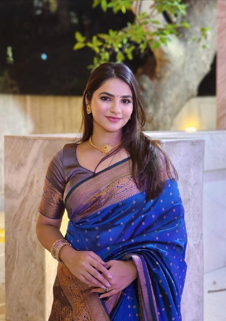 Royal Blue Woven Silk Blend Saree Set - Indya