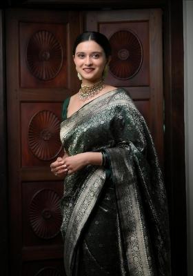 Green Woven Silk Blend Saree Set
