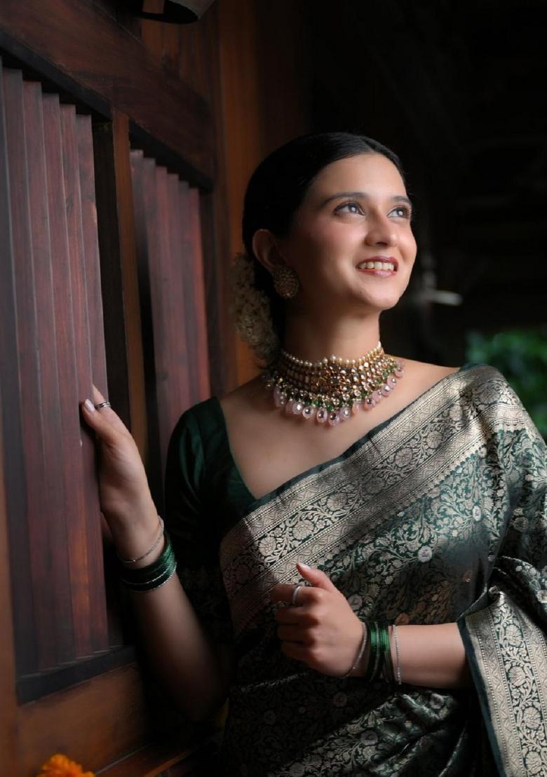 Green Woven Silk Blend Saree Set - Indya