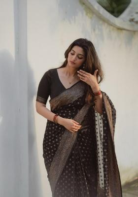 Black Woven Silk Blend Saree Set