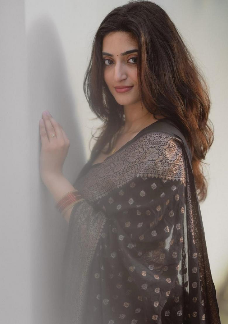 Black Woven Silk Blend Saree Set - Indya