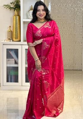 Pink Woven Silk Blend Saree Set