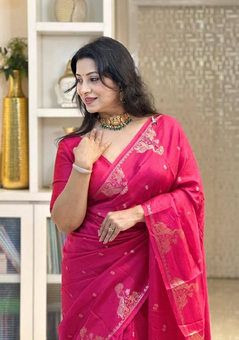 Pink Woven Silk Blend Saree Set - Indya