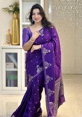 Purple Woven Silk Blend Saree Set
