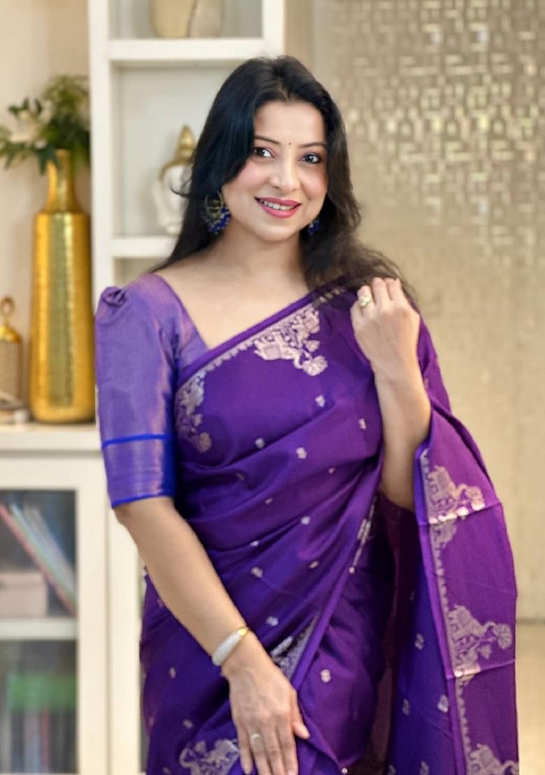 Purple Woven Silk Blend Saree Set - Indya