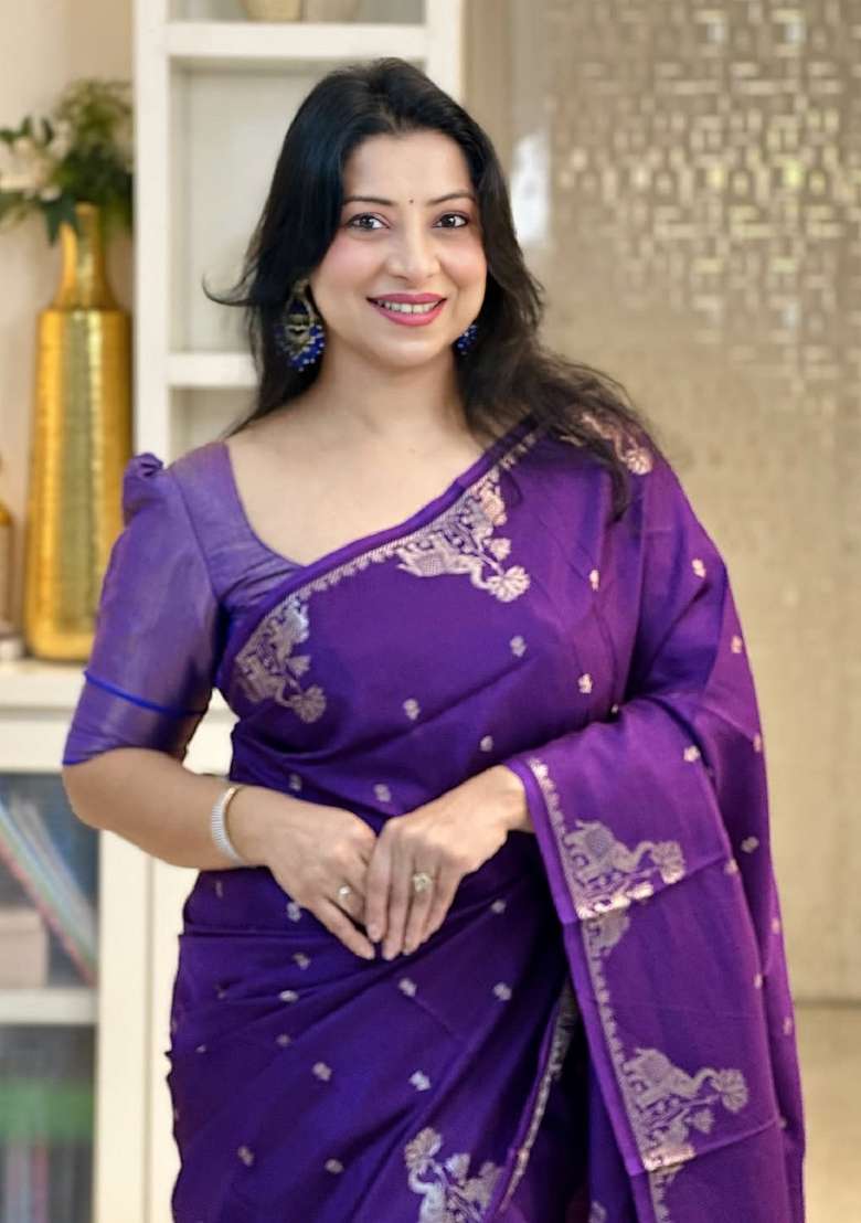 Purple Woven Silk Blend Saree Set for Diwali and Festive Wear - Indya