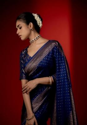 Blue Woven Silk Blend Saree Set