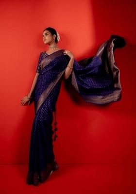 Blue Woven Silk Blend Saree Set