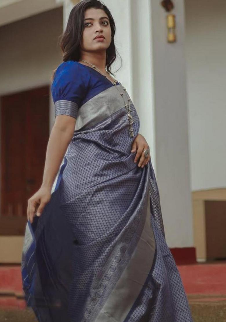 Blue Woven Silk Blend Saree Set - Indya