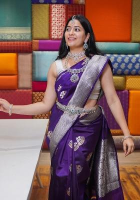Purple Woven Silk Blend Saree Set