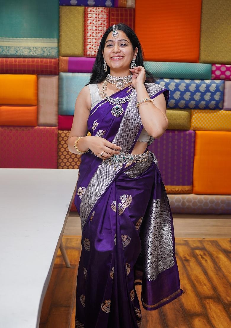 Purple Woven Silk Blend Saree Set - Indya