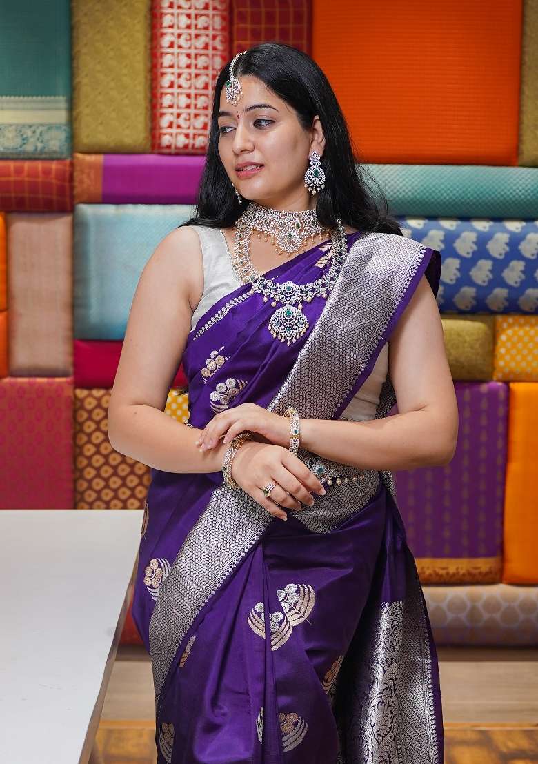 Purple Woven Silk Blend Saree Set for Diwali and Festive Wear - Indya