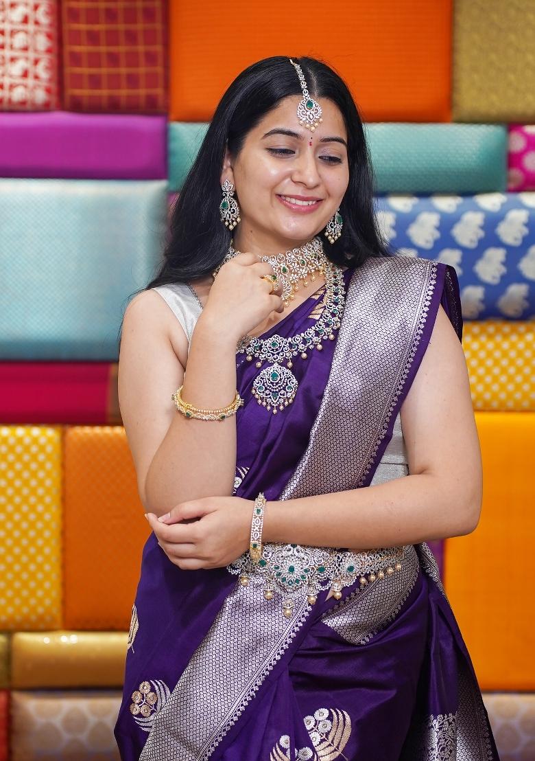 Purple Woven Silk Blend Saree Set - Indya