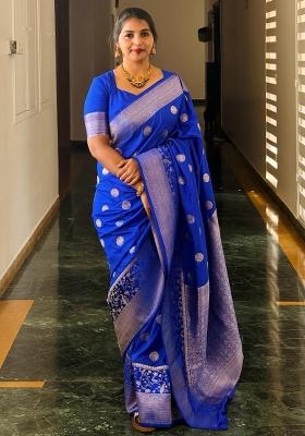 Royal Blue Woven Silk Blend Saree Set