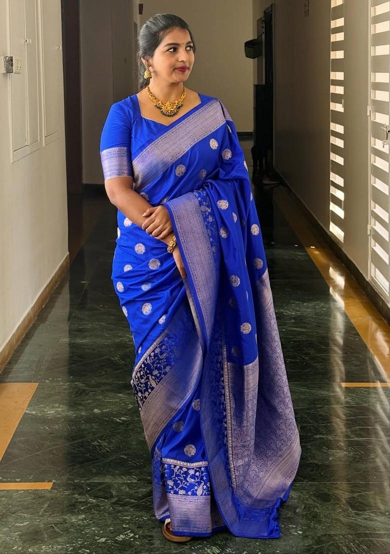 Royal Blue Woven Silk Blend Saree Set - Indya