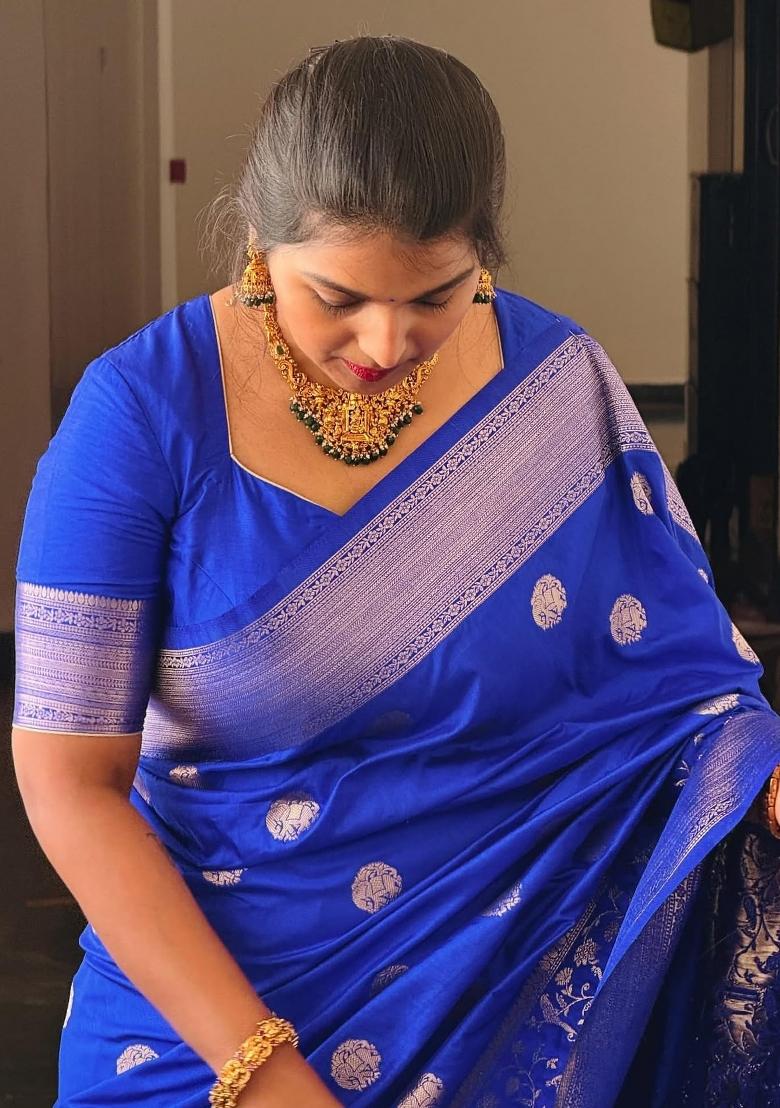Royal Blue Woven Silk Blend Saree Set - Indya