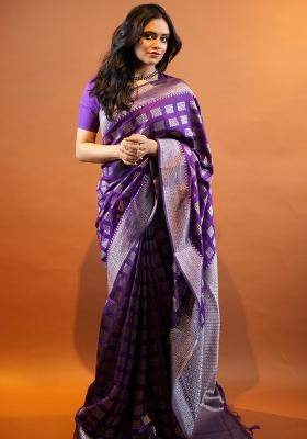 Purple Woven Silk Blend Saree Set