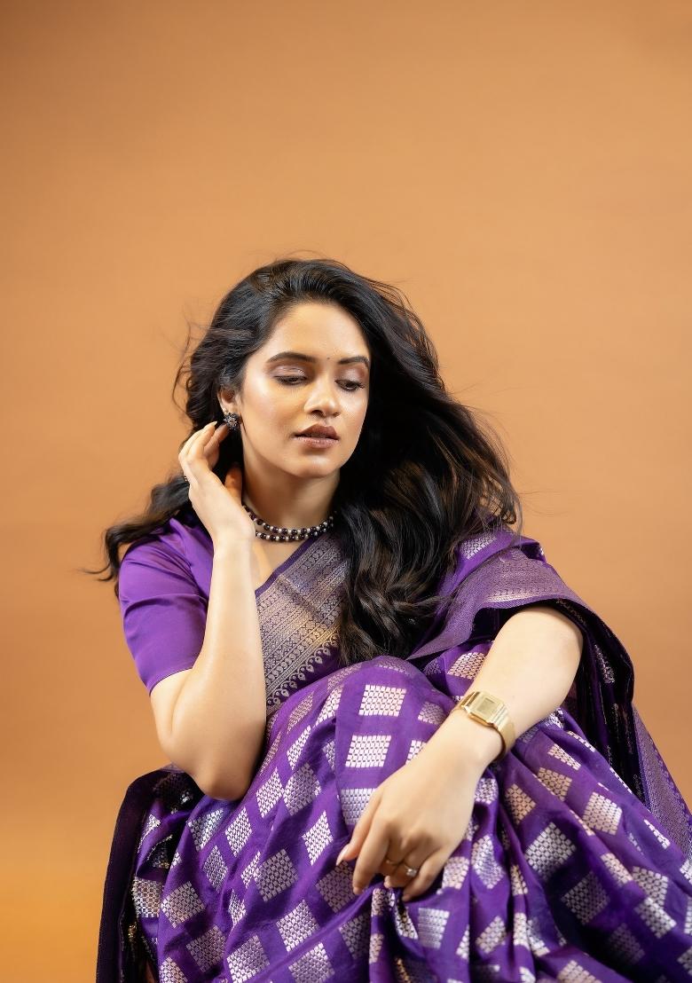 Purple Woven Silk Blend Saree Set - Indya