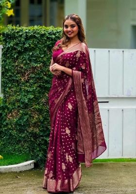 Dark Pink Woven Silk Blend Saree Set