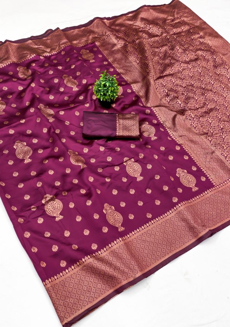 Dark Pink Woven Silk Blend Saree Set - Indya
