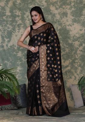 Black Woven Silk Blend Saree Set